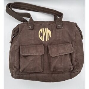Thirty-One Canvas Tote Brown Utility Bag Zip Pockets Monogram CMM Everyday 12X13